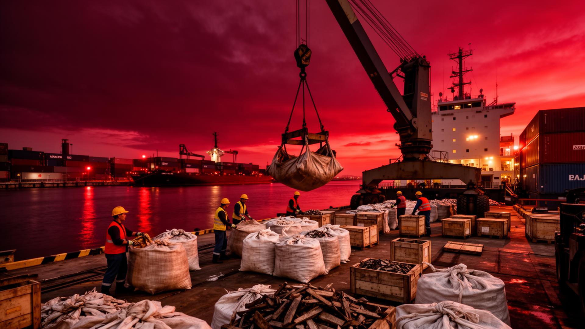 Operação de carga break bulk no Porto de São Francisco do Sul — bobinas de aço e navio cargueiro